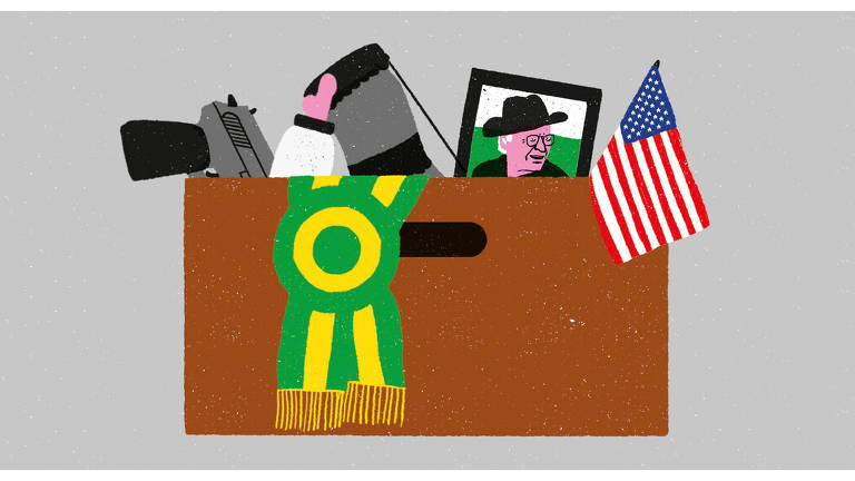 Ilustração de uma caixa com diversos objetos dentro, como arma de fogo, mamadeira, porta-retrato com foto de Olavo de Carvalho, bandeira dos Estados Unidos e faixa presidencial brasileira