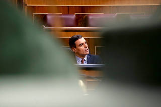 Spanish PM Sanchez attends a plenary session to debate on an extension of the state of emergency at Parliament in Madrid