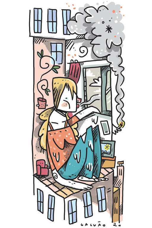 Ilustração de mulher loira fumando sentada em cima de um prédio. Ela está com os cabelos presos, a roupa suja e com plantas, tv, celular e sofá em volta