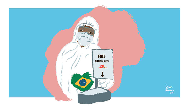 Ilustração de pessoa negra com roupa de proteção de profissionais da saúde. Na frente, há um coração com a bandeira do Brasil e um aviso "FREE ALCOHOL"
