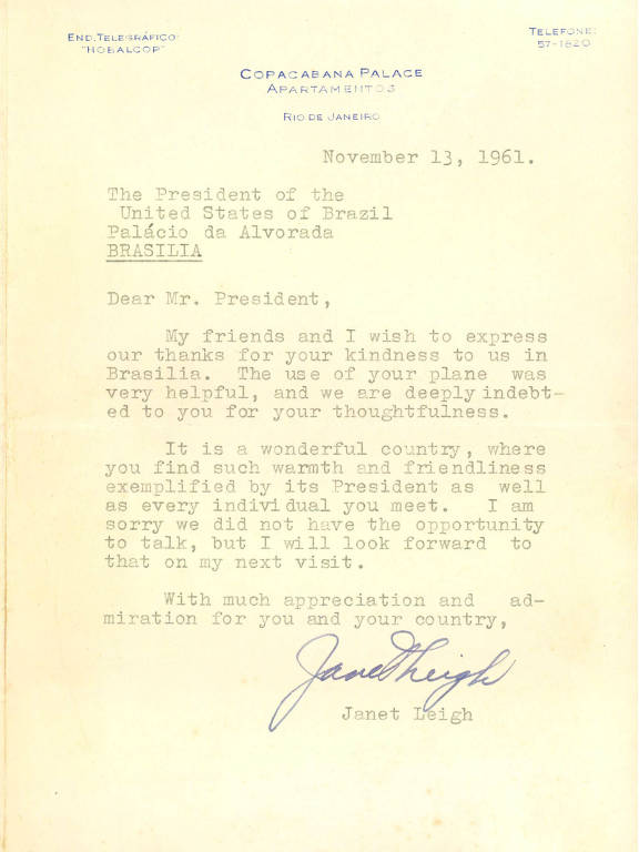 Atriz de Psicose escreve a Jango agradecendo por empréstimo de avião particular
