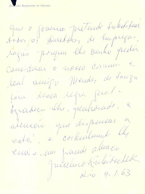 Ex-presidente Juscelino Kubitschek também escreve a Jango
