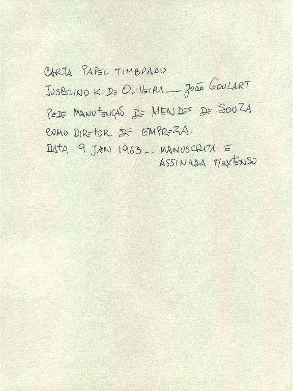 Ex-presidente Juscelino Kubitschek também escreve a Jango
Crédito:  Arquivo de Wamba Guimarães/Divulgação  
 " Imagens de algumas cartas para o Jango, do arquivo até então inédito "