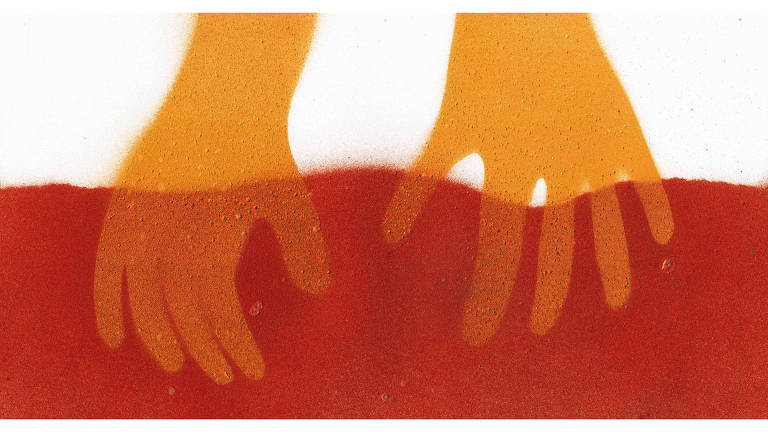Ilustração de duas mãos imergindo em um líquido vermelho