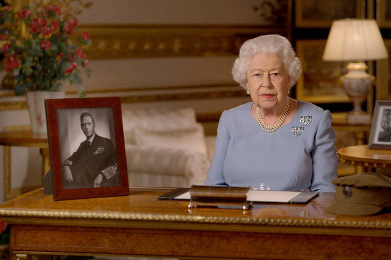 A rainha Elizabeth 2ª durante discurso no aniversário de 75 anos do Dia D, que marca o fim da 2ª Guerra Mundial 