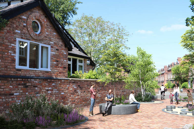 Ilustração do plano de mobilidade da Grande Manchester, no Reino Unido, com ilhas para pedestres em bairros residenciais