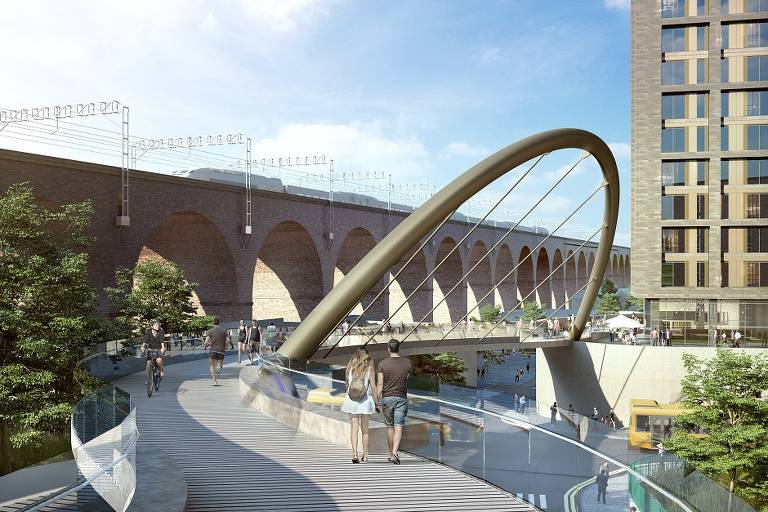 Ilustração do plano de mobilidade da Grande Manchester, no Reino Unido, com via elevada para pedestres e ciclistas, permitindo viagens sem paradas em cruzamentos