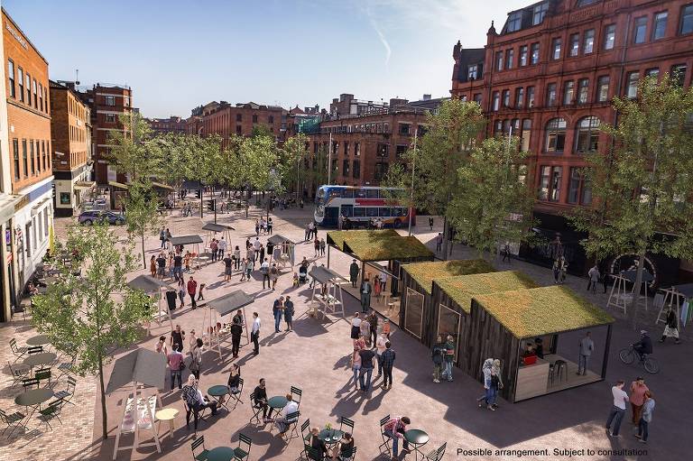 Ilustração do plano de mobilidade da Grande Manchester, no Reino Unido, com áreas fechadas para carros