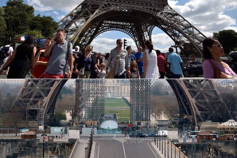 Turistas fazem fila para visitar a torre Eiffel em 2016 (acima); monimento fica vazio um dia depois de iniciada a quarentena para combater o coronavírus