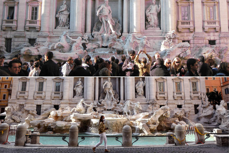 A Fontana di Trevi, uma das atrações turísticas que mais atraem visitantes em Roma, em 2009 (acima) e sem movimento no final de abril deste ano (em baixo)