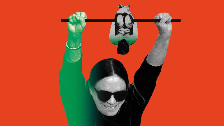 Ilustração de uma mulher com roupa e óculos escuros. Ela está com os braços levantados segurando uma barra e nela há uma pessoa pendurada