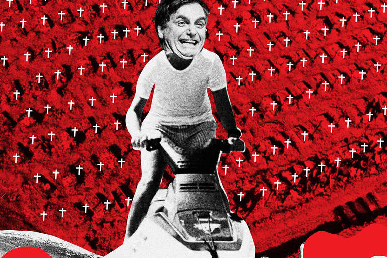 Colagem com a foto de Jair Bolsonaro em um jet ski. No fundo vermelho, a imagem de várias covas abertas com cruzes brancas 