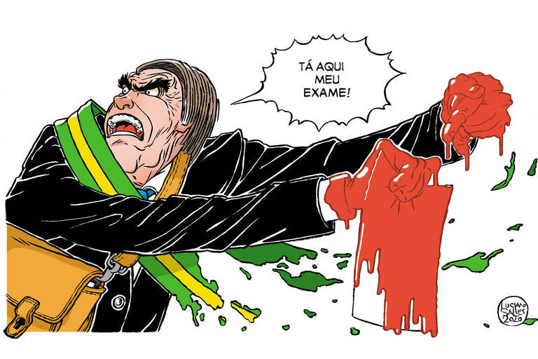 Ilustração retrata o presidente Jair Bolsonaro usando uma faixa presidencial, que está se desfazendo, e uma bolsa amarela. Suas mãos estão sujas de sangue, que escorre por um papel branco, para o qual ele aponta com uma mão e segura com a outra. Ele diz: "TÁQUI MEU EXAME!"