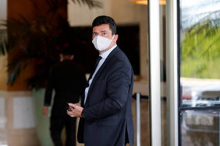 Former Brazil's Justice Minister Sergio Moro arrives at a hotel after a meeting in the Federal Police headquarters, in Brasilia