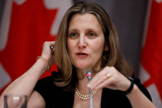 Canada's Deputy Prime Minister Chrystia Freeland attends a news conference as efforts continue to help slow the spread of coronavirus disease (COVID-19) in Ottawa