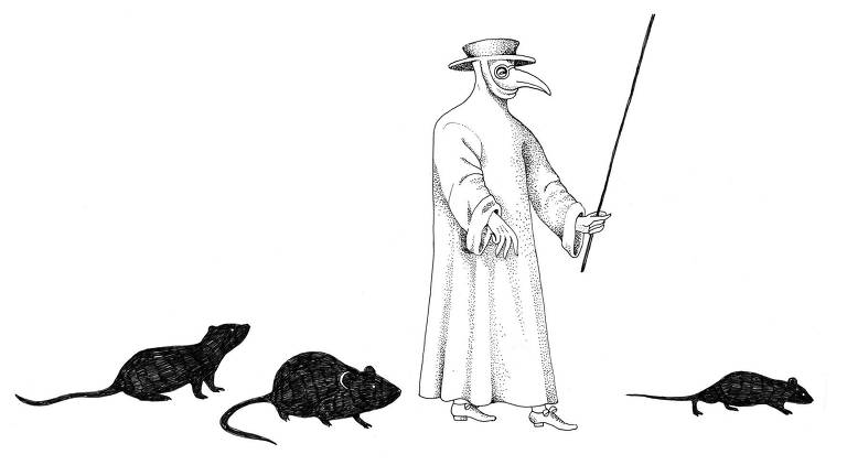 Ilustração de um médico da peste com três ratos em volta dele