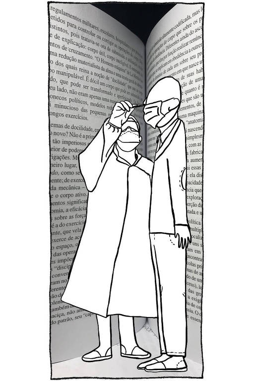 Ilustraçãode duas pessoas vestindo máscaras. No fundo, há um livro aberto que usa a altura da ilustração inteira