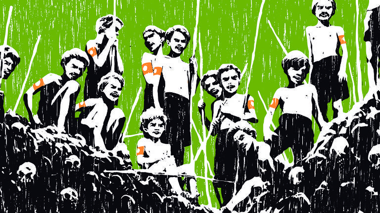 Ilustração de Adams Carvalho para coluna de Antonio Prata de 17 de maio de 2020 mostra um bando de meninos armados com lanças; o fundo é verde, e eles trazem braçadeiras vermelhas; nos cantos, à esquerda e à direita, há montes de caveiras
