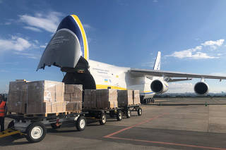 An Antonov An-124 cargo plane with masks from China ordered by Brazil, is seen after arrival at Brasilia's airpot, amid the coronavirus disease (COVID-19) outbreak