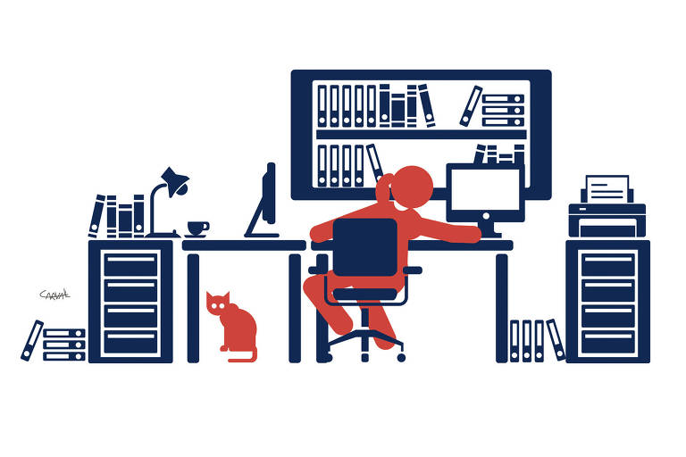 Ilustração Carvall para coluna Ombudsman do dia 17 de maio de 2020. Nela uma pessoa sentada no escritório, ao lado esquerdo um gato