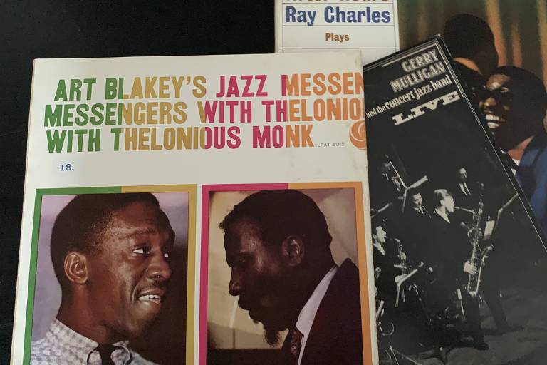 Capas dos LPs "Art Blakey Jazz Messengers with Thelonious Monk" e "Live in Santa Monica 1960", de Gerry Mulligan e Concert Jazz Band, e "The Genius After Hours”, com Ray Charles