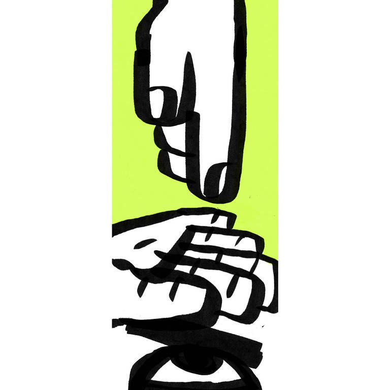 Ilustração de dedo indicador apontado para cabeça de alguém que se protege com a mão na frente