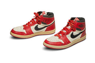 A pair of 1985 Nike Air Jordan 1s, made for and worn by U.S. basketball player Michael Jordan