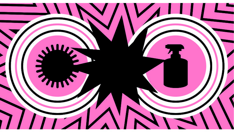 Ilustração em rosa, preto e branco, mostra silhueta do virús Covid-19 ao lado esquerdo, no centro um balão de quadrinhos tipo explosão ou luta, do aldo direito uma embalagem de spray.