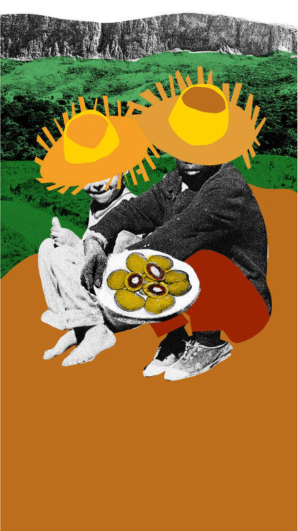 Ilustração feita em cima de foto da capa do disco "Clube da esquina", onde dois meninos estão sentados na beira de uma estrada de terra. A ilustradora colocou dois chapéus neles e um deles, segura um prato com o que parece ser bolovo.