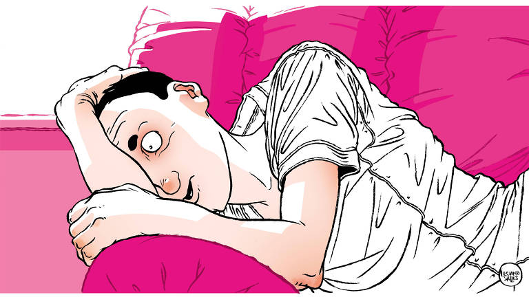 Ilustração mostra homem, com cara de preocupado, olhos arregalados, deitado em sofá rosa com a mão sobre a cabeçaa