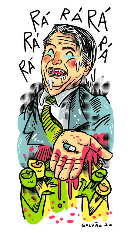Ilustração de Jair Bolsonaro dando risada, oferecendo uma pílula na mão. Embaixo dele, diversas pessoas verdes e amrelas