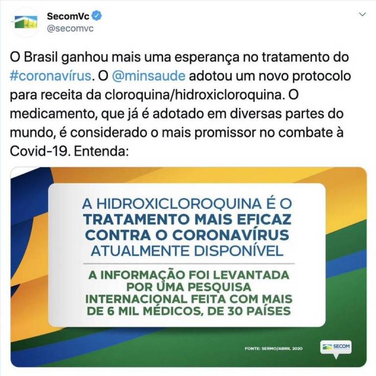 Tuíte publicado e depois apagado pela comunicação de Jair Bolsonaro
