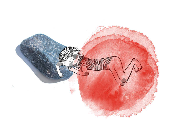 Ilustração de medida deitada com a cabeça apoiada em pedra e com mancha de tinta vermelha sobre seu corpo