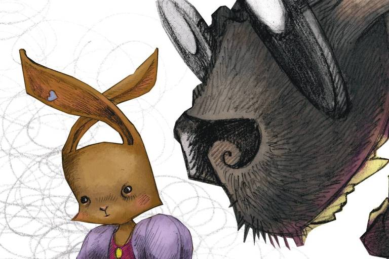 A coelha Ritoca e o lobo Tio Pipoca em ilustração de Thais Linhares para o livro Não Me Toca Seu Boboca, de Andrea Taubman