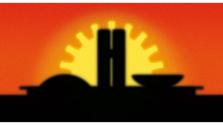 Ilustração do Palácio do Planalto com o sol baixo no fundo da imagem. O formato do sol lembra o de um vírus