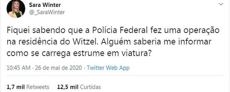 Publicação de Sara Winter no dia em que o político foi alvo de operação contra fake news