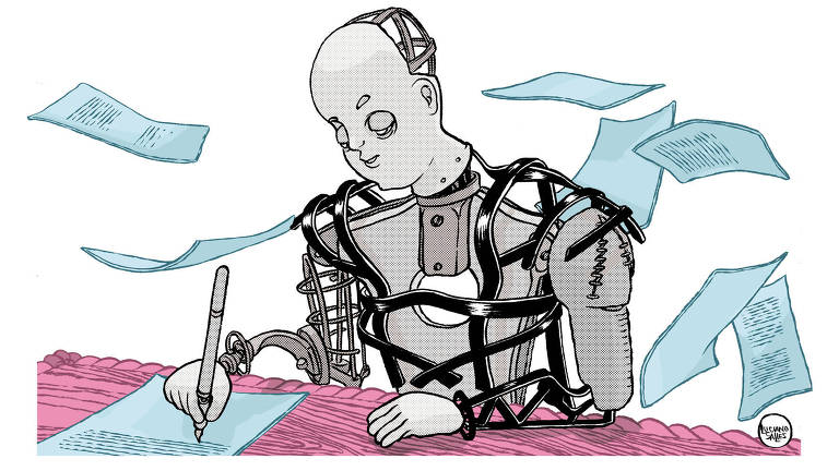 Ilustração de robô escrevendo uma carta com papéis voando em volta dele