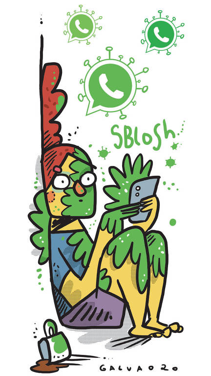 Ilustração de uma mulher sentada no chão com o celular na mão. Há uma gosma verde em seu rosto e mãos que saiu do celular e alguns vírus com o símbolo do WhatsApp no ar