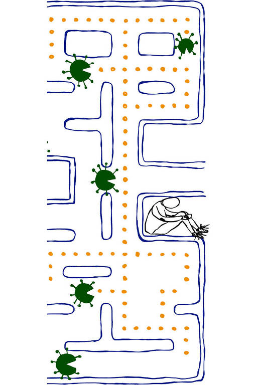 Ilustrução de labirinto semelhante ao do jogo Pac-Man em que os fantasmas são os vírus e uma pessoa se esconde