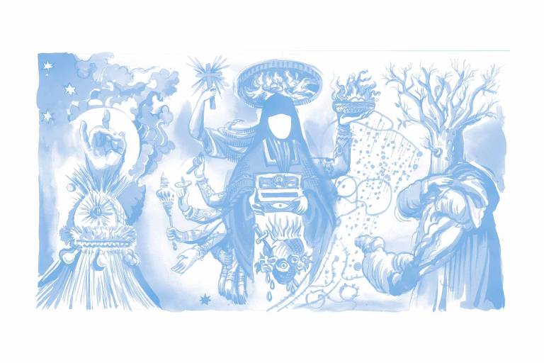 Ilustração mostra três divindades que misturam diversas religiões, desenhadas em azul e branco.