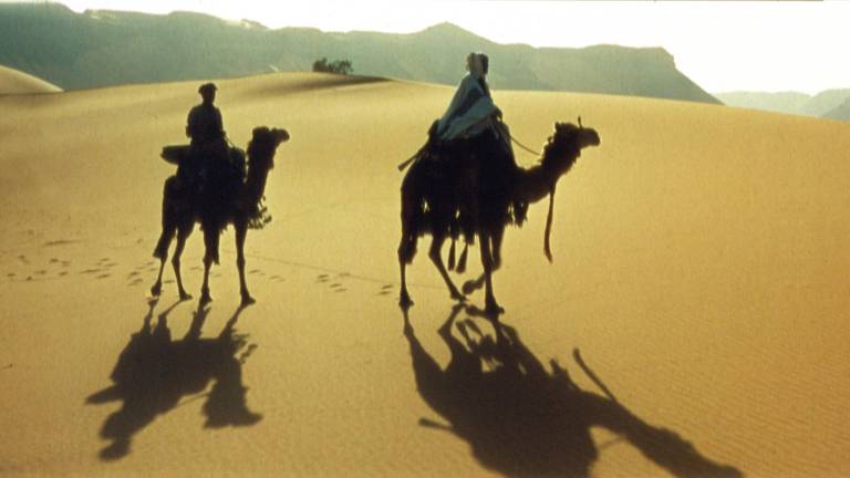 Camelos caminham no deserto em Cena do filme "Lawrence da Arábia", de 1962