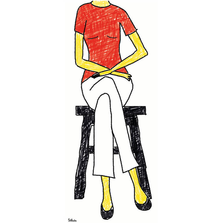 Ilustração de mulher sentada em um banco com os braços cruzados sobre as pernas. Não é possível ver a cabeça da pessoa