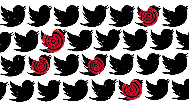 Ilustração de passarinho, símbolo do Twitter, repetida diversas vezes e alguns dele tem marcas de alvo