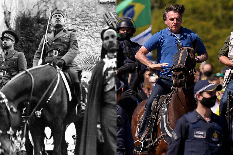 à direita, uma foto de bolsonaro montado em um cavalo em uma manifestação. à esquerda, uma foto de Mussolini em cima de um cavalo