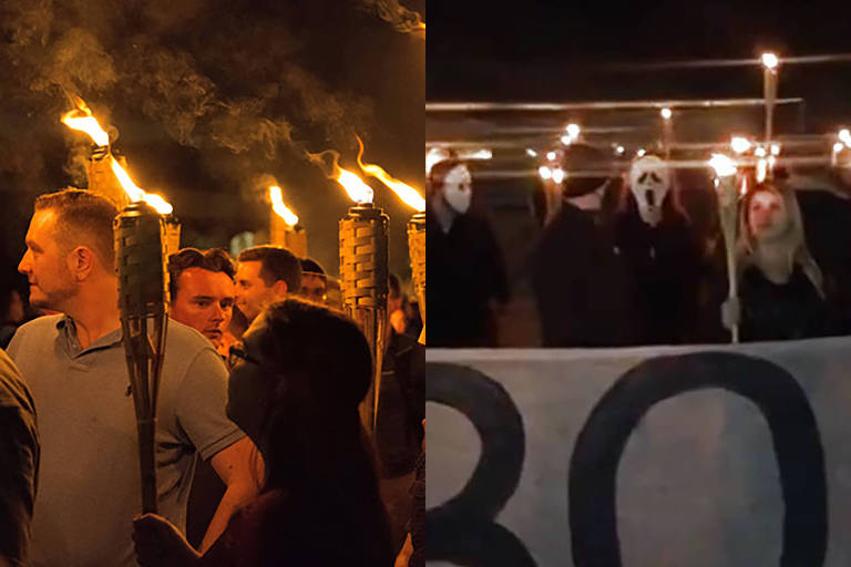 à esquerda, manifestação de supremacistas brancos em Charlotesville, nos EUA, em 2017. À direita, manifestação comandada pela ativista Sara Winter. Nos dois protestos, manifestantes carregam tochas
