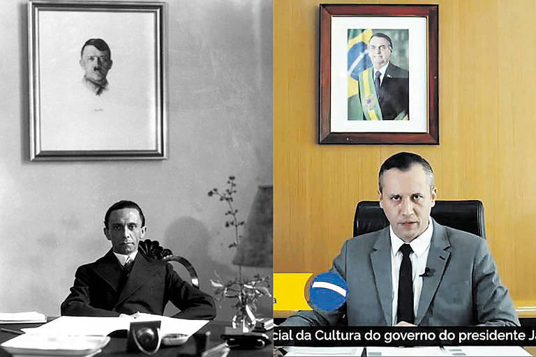 À esquerda, foto de Goebbels, ministro da propaganda de Hitler, em frente a uma foto do líder nazista. à esquerda, uma foto de Roberto Alvim, ex ministro de Bolsonaro, em frente a uma foto do presidente. As fotos tem estética semelhante e alvim foi demitido após fazer discurso semelhante ao de Goebbels