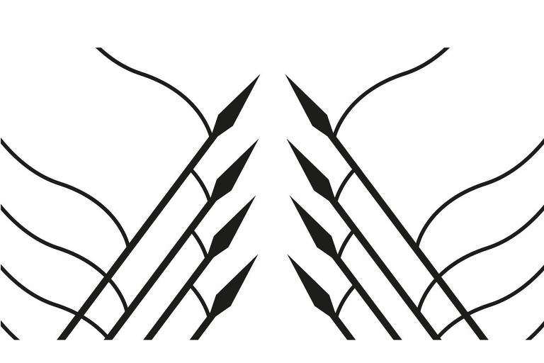 Ilustração geometrizada, em preto e branco, onde pontas de lanças apontam umas para as outras, em fileiras de quatro, mas desenho dá a entender que podem ser bandeiras também.