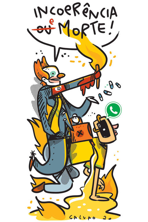 Ilustração de um palhaço com um tocha de fogo na mão montado em uma pessoa vestindo camisa do Brasil e antolho feito de celular. O palhaço diz "Incoerência o̶u̶ e morte!"