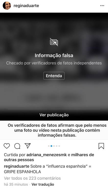 Instagram volta a inserir alerta em postagem de Regina Duarte