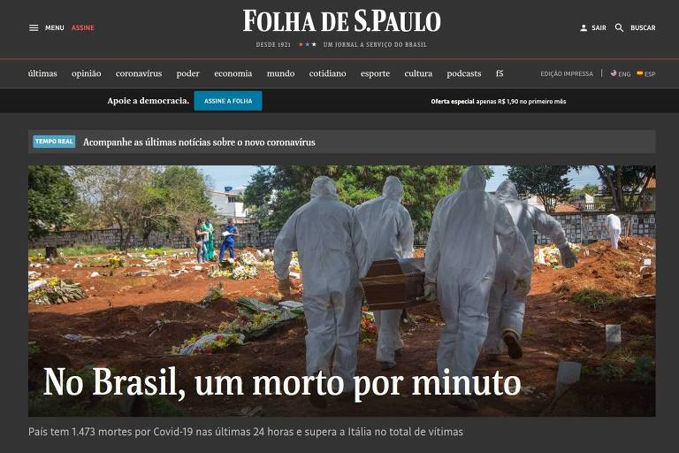 Homepage da Folha em 4/6, dia em que Brasil bateu marca de um morto por minuto de Covid-19